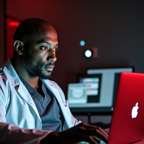 Dr. Emeka working at a laptop in a clinic